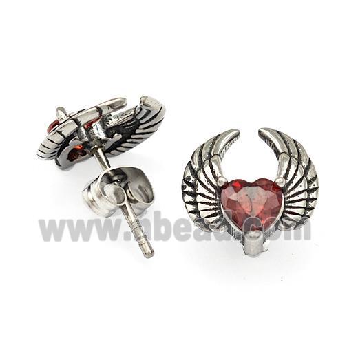 Stainless Steel Angel Wings Stud Earrings Pave Red Rhinestone Antique Silver