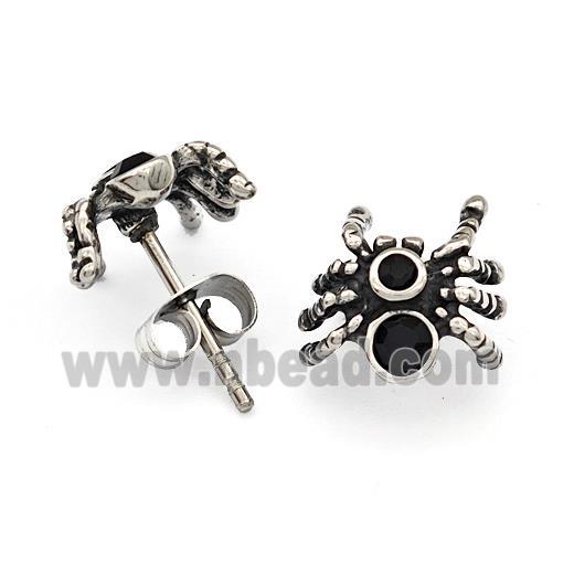Stainless Steel Spider Stud Earrings Pave Rhinestone Antique Silver