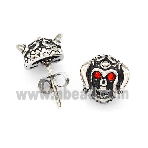 Horns Of Destruction Stainless Steel Stud Earrings Pave Rhinestone Antique Silver