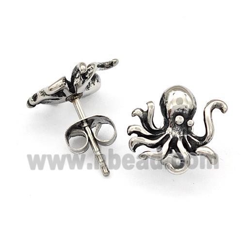 Stainless Steel Octopus Stud Earrings Antique Silver