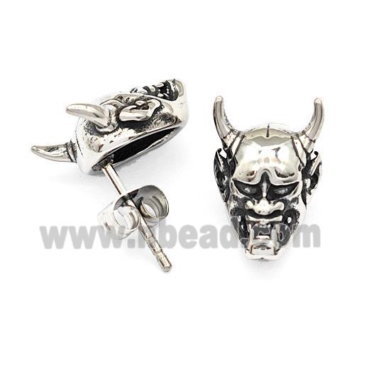 Oni Devil Charms Stainless Steel Stud Earrings Antique Silver