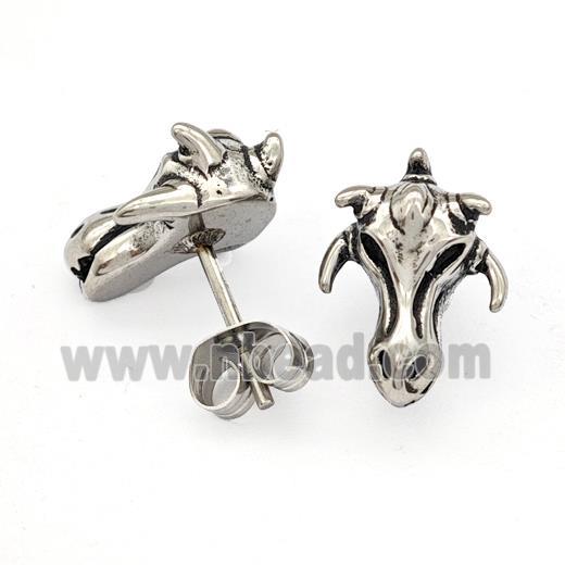 Three Horned Bucks Charms Stainless Steel Stud Earrings Antique Silver