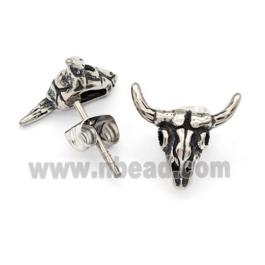 Stainless Steel Bull Stud Earrings Antique Silver
