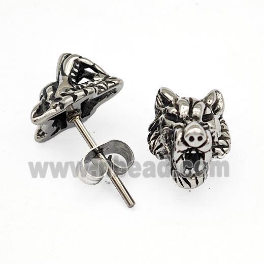 Stainless Steel Wolf Stud Earrings Antique Silver