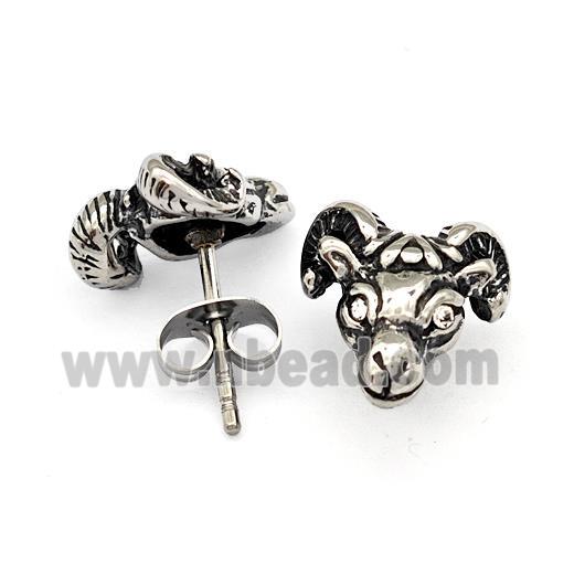 Sheep Stainless Steel Goat Stud Earrings Pave Rhinestone Aries Antique Silver