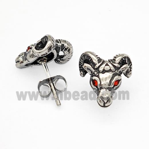 Sheep Stainless Steel Goat Stud Earrings Pave Rhinestone Aries Antique Silver