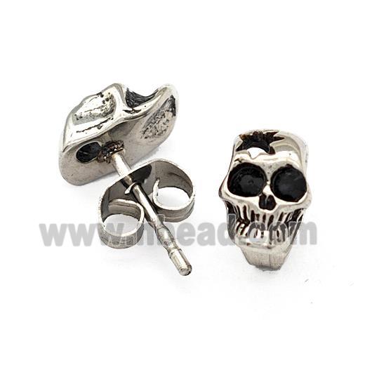 Stainless Steel Skull Stud Earrings Pave Rhinestone Antique Silver