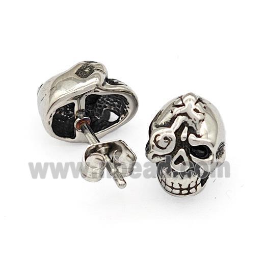Stainless Steel Skull Stud Earrings Pave Rhinestone Antique Silver