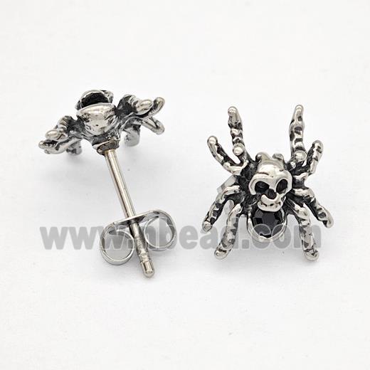 Stainless Steel Spider Stud Earrings Pave Rhinestone Antique Silver