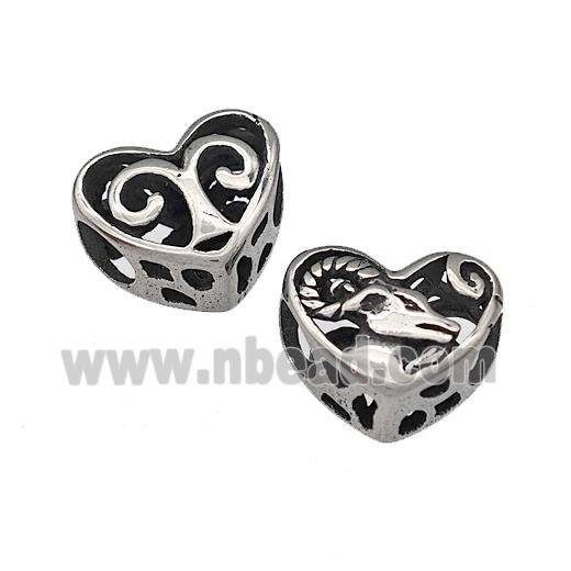 316 Stainless Steel Heart Beads Zodiac Aries Large Hole Hollow Antique Silver