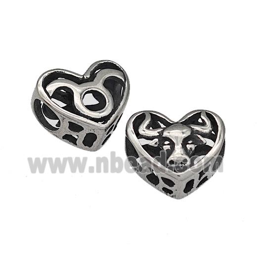 316 Stainless Steel Heart Beads Zodiac Taurus Large Hole Hollow Antique Silver