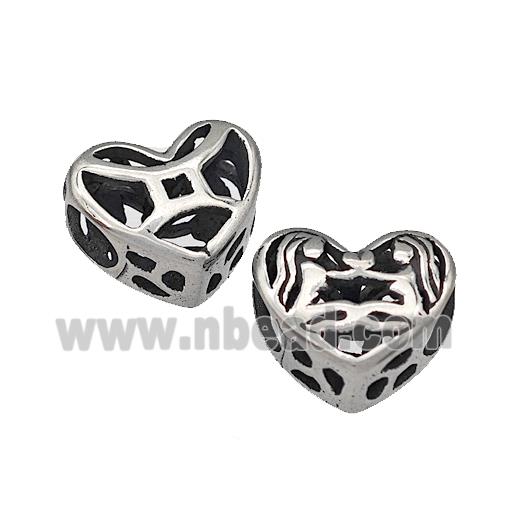 316 Stainless Steel Heart Beads Zodiac Gemini Large Hole Hollow Antique Silver