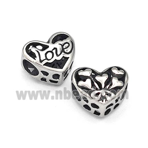 316 Stainless Steel Heart Beads LOVE Hollow Large Hole Antique Silver