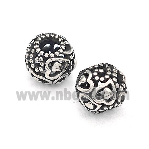 316 Stainless Steel Round Beads Heart Hollow Large Hole Antique Silver