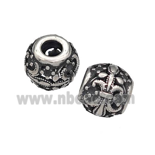 316 Stainless Steel Round Beads Fleur De Lis Hollow Large Hole Antique silver