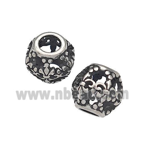 316 Stainless Steel Round Beads Fleur De Lis Hollow Large Hole Antique silver