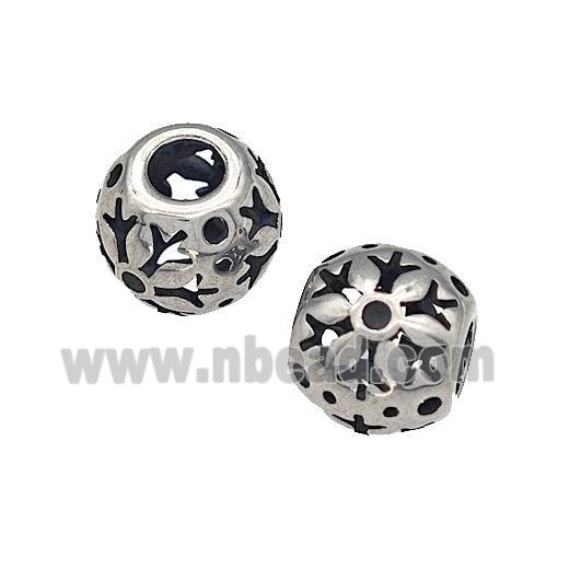 316 Stainless Steel Round Beads Flower Hollow Large Hole Antique silver