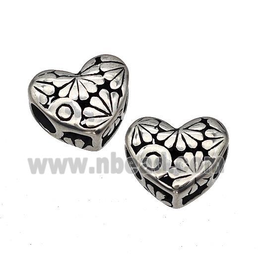 Stainless Steel Heart Beads Flower Hollow Large Hole Antique Silver