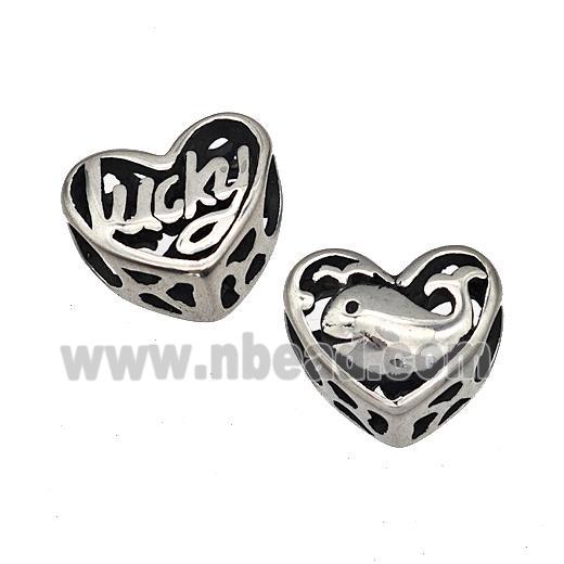Stainless Steel Heart Beads Lucky Dolphin Hollow Large Hole Antique Silver