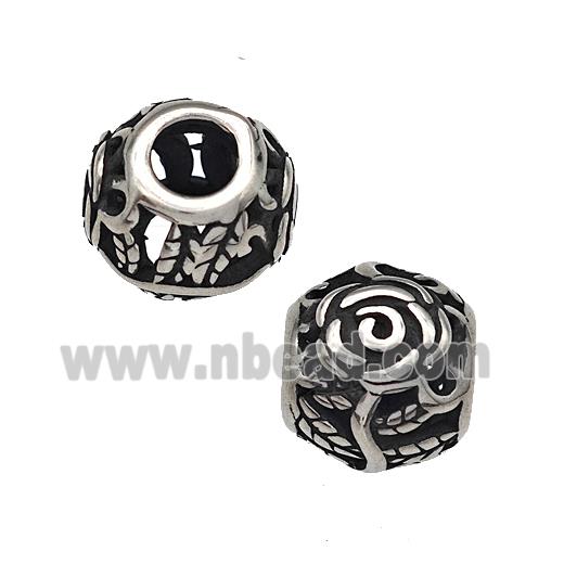 Stainless Steel Round Beads Flower Hollow Large Hole Antique Silver