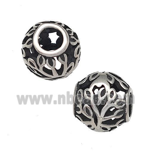 Stainless Steel Round Beads Flower Hollow Large Hole Antique Silver
