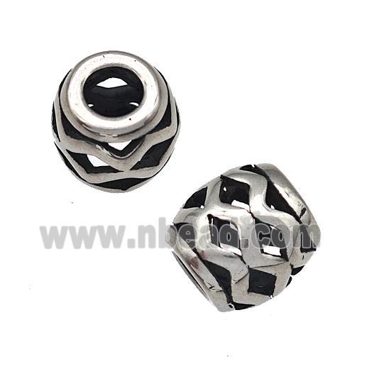 Stainless Steel Barrel Beads Wave Hollow Large Hole Antique Silver