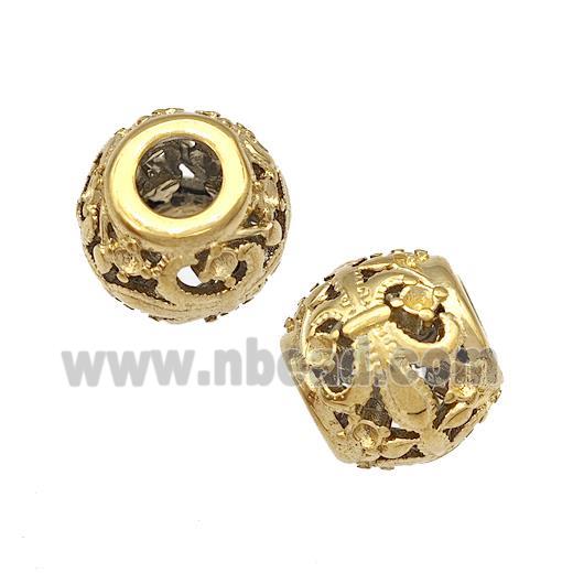 Stainless Steel Round Beads Fleur De Lis Hollow Large Hole Gold Plated
