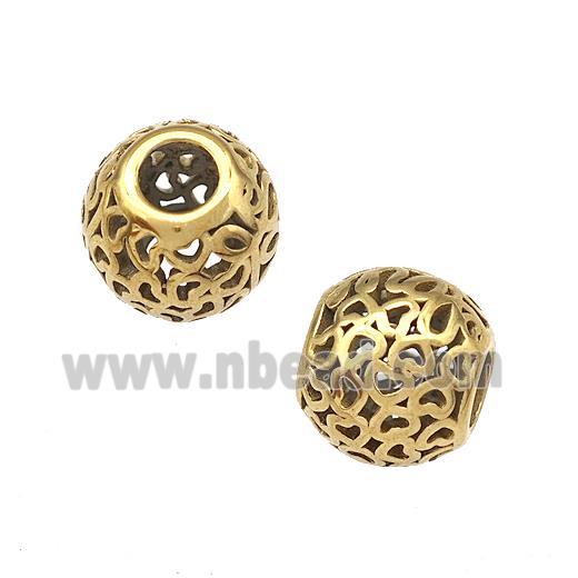 Stainless Steel Round Beads Heart Hollow Large Hole Gold Plated