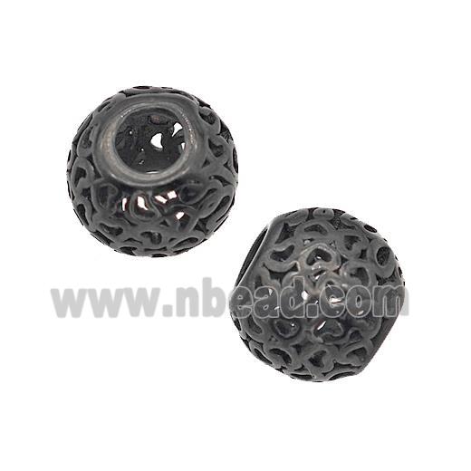 Stainless Steel Round Beads Heart Large Hole Hollow Black Plated