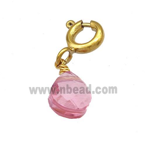 Pink Crystal Glass Teardrop With Stainless Steel Clasp Gold Plated