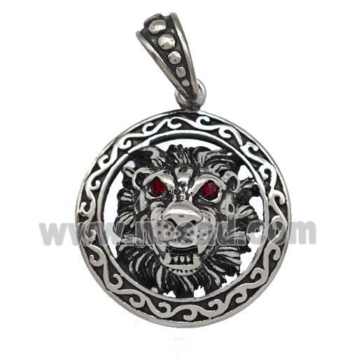 316 Stainless Steel Lion Pendant Pave Red Rhinestone Antique Silver