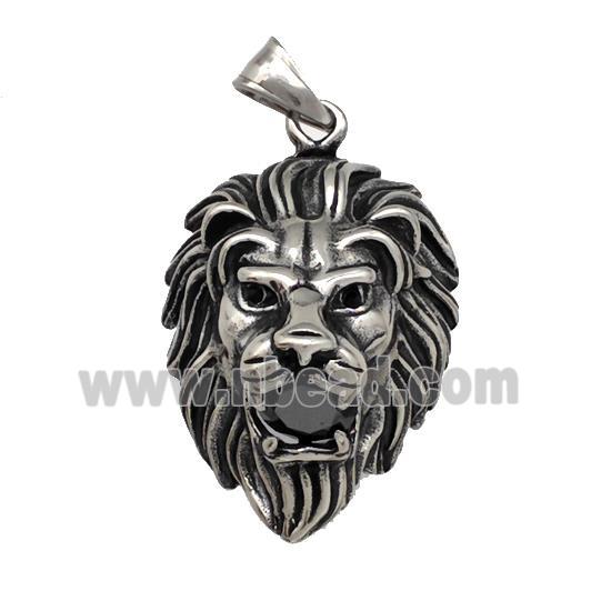 316 Stainless Steel Lion Pendant Pave Black Rhonestone Antique Silver