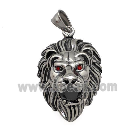 316 Stainless Steel Lion Pendant Pave Red Rhinestone Antique Silver