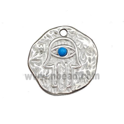 Raw Stainless Steel Hand Pendant Pave Blue Synthetic Turquoise Circle