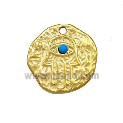 Stainless Steel Hand Pendant Pave Blue Synthetic Turquoise Circle Gold Plated