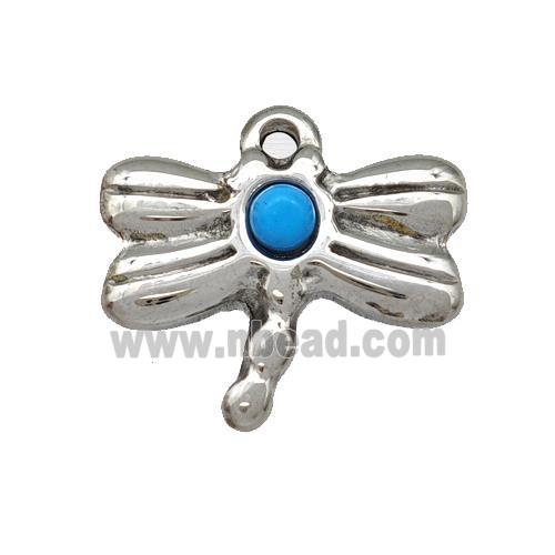 Raw Stainless Steel Dragonfly Pendant Pave Blue Synthetic Turquoise