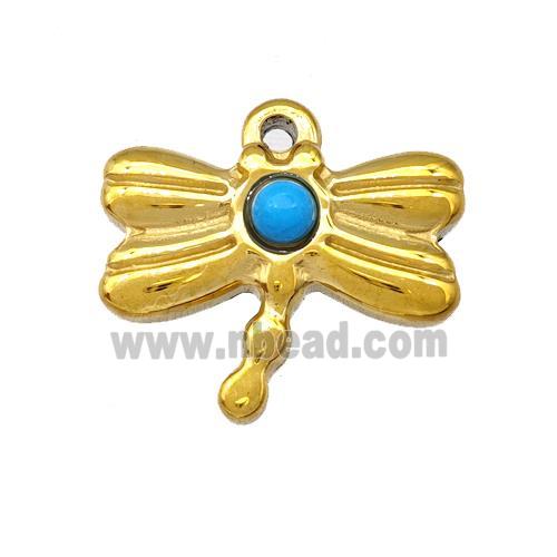Stainless Steel Dragonfly Pendant Pave Blue Synthetic Turquoise Gold Plated