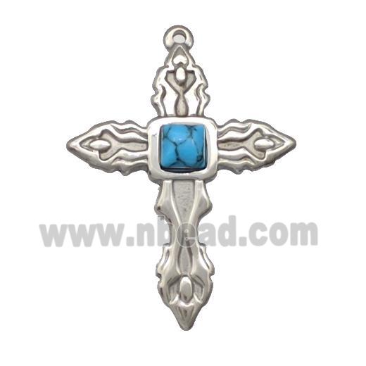 Raw Stainless Steel Cross Pendant Pave Blue Synthetic Turquoise