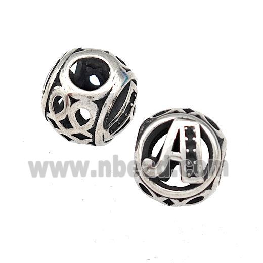 Stainless Steel Round Beads Letter-A Hollow Large Hole Antique Silver