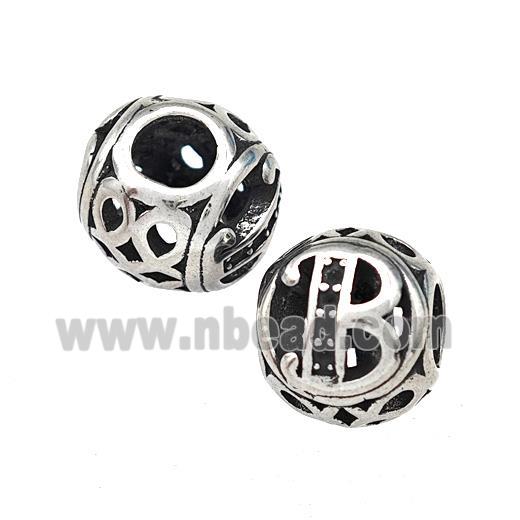 Stainless Steel Round Beads Letter-B Hollow Large Hole Antique Silver