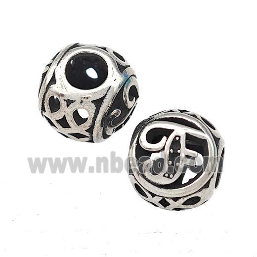 Stainless Steel Round Beads Letter-F Hollow Large Hole Antique Silver