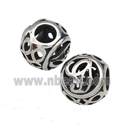 Stainless Steel Round Beads Letter-G Hollow Large Hole Antique Silver