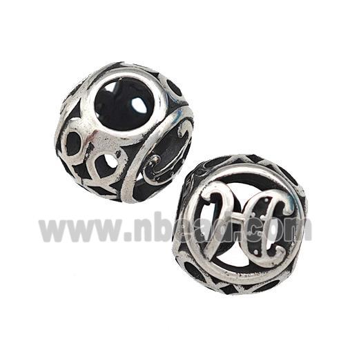 Stainless Steel Round Beads Letter-H Hollow Large Hole Antique Silver