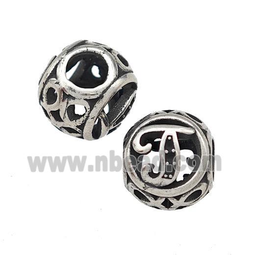 Stainless Steel Round Beads Letter-J Hollow Large Hole Antique Silver