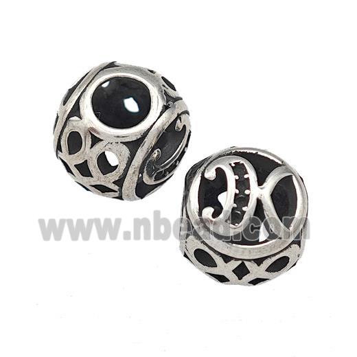 Stainless Steel Round Beads Letter-K Hollow Large Hole Antique Silver