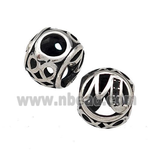 Stainless Steel Round Beads Letter-M Hollow Large Hole Antique Silver
