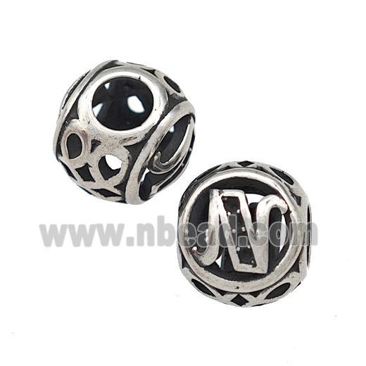 Stainless Steel Round Beads Letter-N Hollow Large Hole Antique Silver