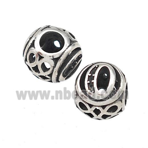 Stainless Steel Round Beads Letter-O Hollow Large Hole Antique Silver