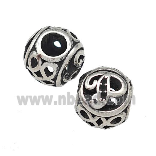Stainless Steel Round Beads Letter-P Hollow Large Hole Antique Silver