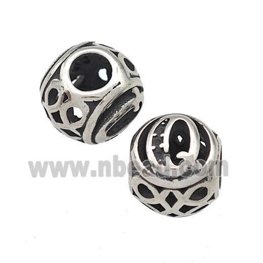 Stainless Steel Round Beads Letter-Q Hollow Large Hole Antique Silver